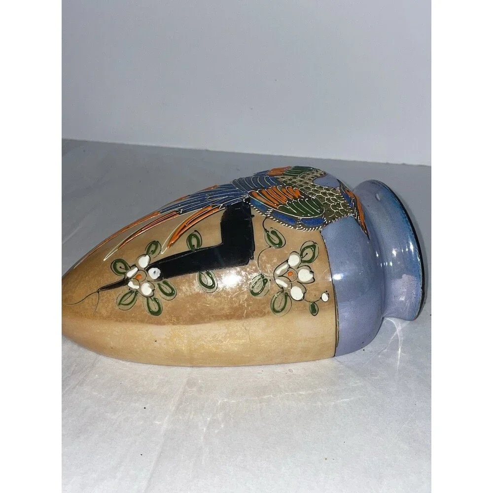 Vintage Japan Hand Painted Pheasant Lusterware Wall Pocket Vase ~7” Blue Beige